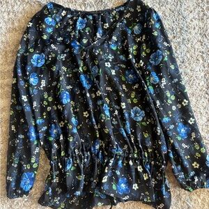 Banana Republic Black Blouse with Blue Floral Design
